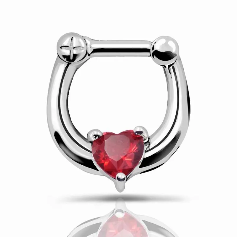 Nose Piercing Septum clicker 316L Stainless Steel Septum Clicker Hinged Red Heart Shaped CZ Nose