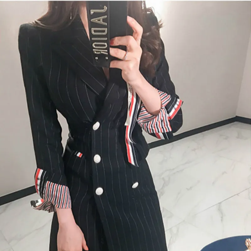 Plus Size Autumn Winter Women Coats Fashion Black Striped Full Sleeve Notched Button Suit Office Elegant Long Coat Work Coats