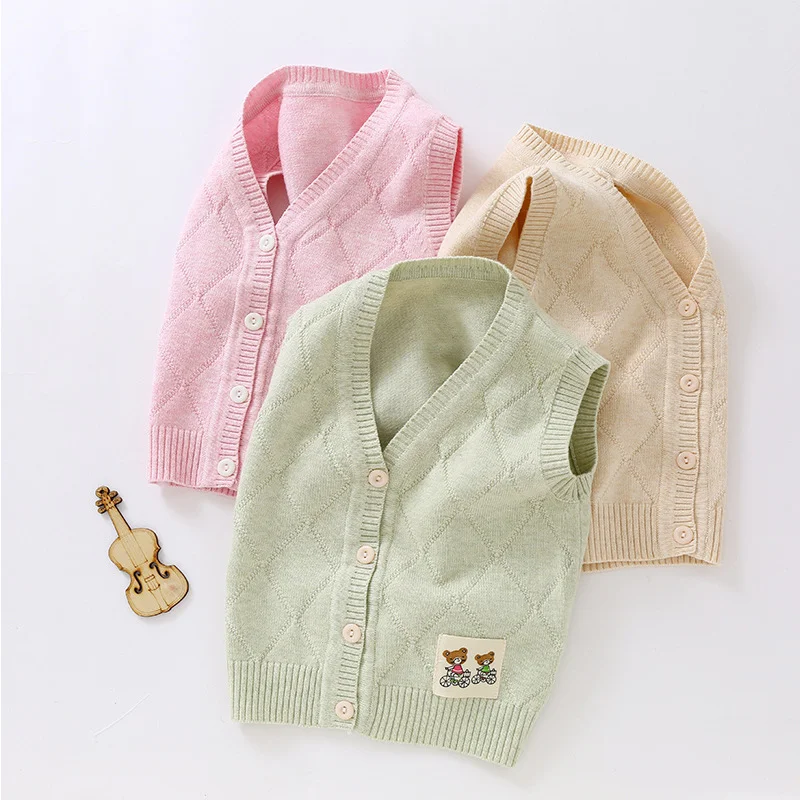 Fashion Knitted Baby Sweater Vest Cotton Soft V-Neck Vest For Boys Rhombic Bear Cute Girls Sweater 6-12M Baby Girls Clothing (5)