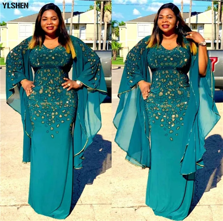 Новые африканские платья для женщин Дашики алмаз африканская одежда Базен Broder Riche сексуальный тонкий рукав рюшами халат вечернее длинное платье - Цвет: Style3 Lake green