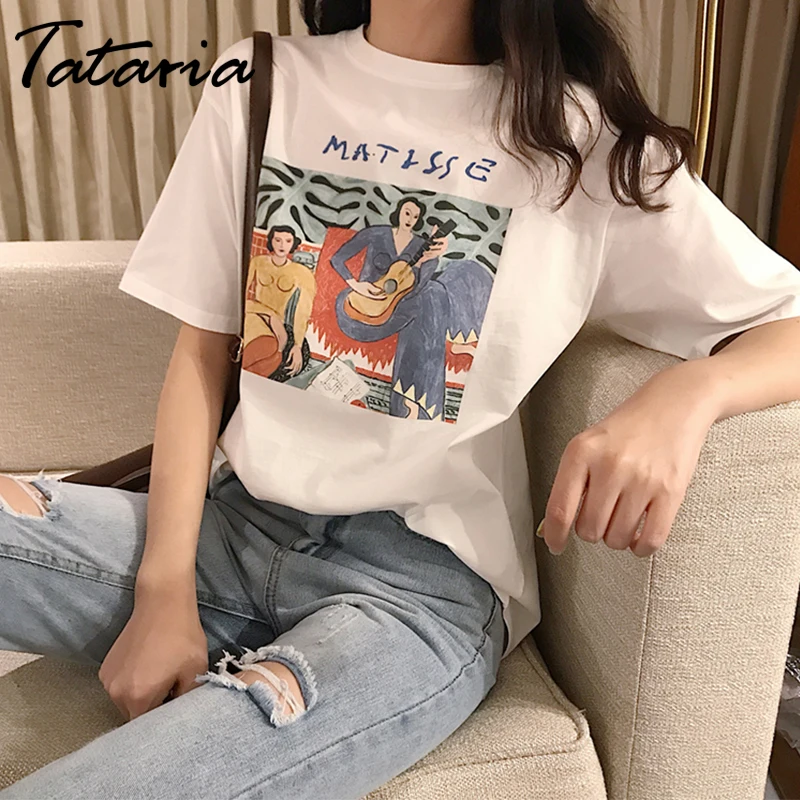 

Tataria Printed T-shirts Women Short-sleeve O Neck Tshirts Female Casual Loose Letter Pattern T-shirt Women Summer New T Shirt