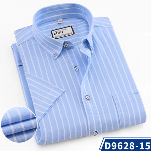Мужская Стандартная рубашка с коротким рукавом и карманом из Оксфордского хлопка Тонкая Повседневная полосатая/клетчатая рубашка с отложным воротником - Цвет: D9628-15