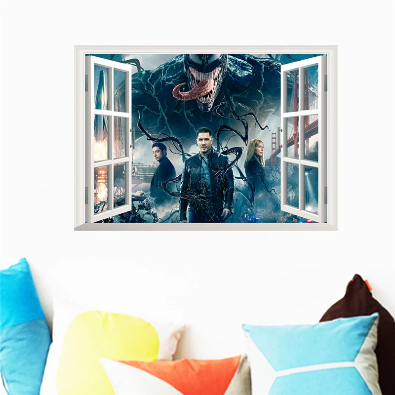 

hot 3d effect movie venom super hero through wall stickers for kids rooms home decor 50*70cm wall decals mural art pvc poster