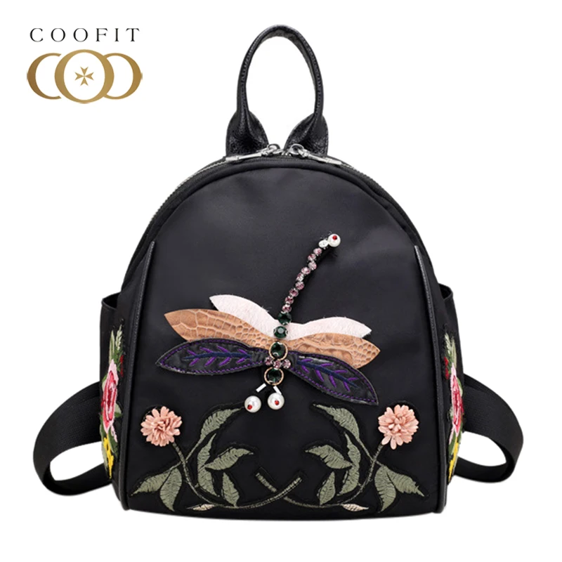 

Coofit Chinese Style Flowers Embrodery Mini Backpack Women Female Dragonfly Pattern Oxford Bagpack For Girls Teenagers Beads Bag