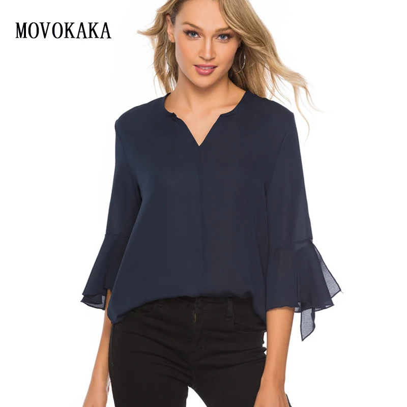 

New Simple Ladies Blouse Chiffon Women Shirts Blouses And Tops Navy Blue Women Tops And Blouses Plus Size Shirt Women Ruffle 4XL