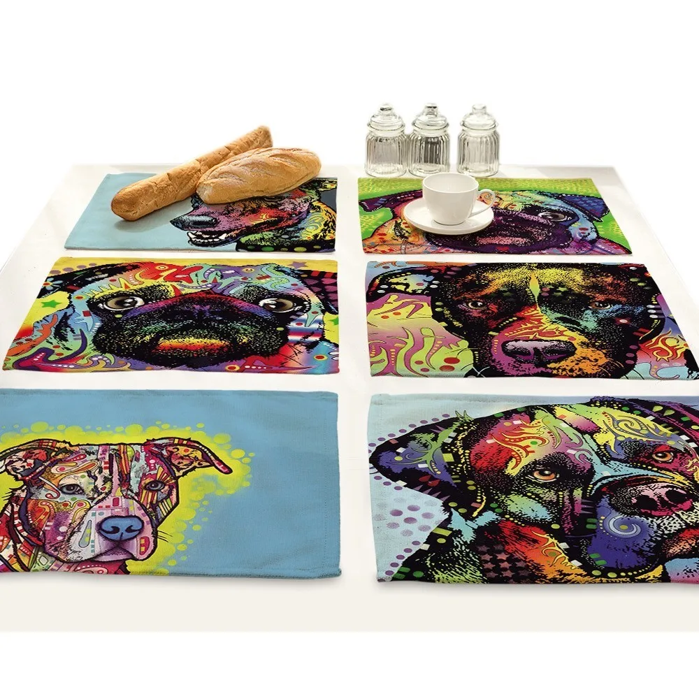 

Cotton Linen Printing Animal Placemat For Dining Table Coffee Drink Coasters Colour Decoration Dog Individual Table Mat Pad Bowl