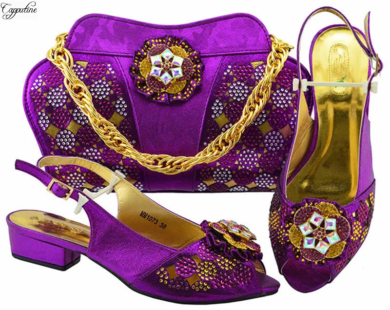

Nice party sets purple African lady med heel sandal shoes and bag sets with rhinestones MM1073 heel height 3.5cm