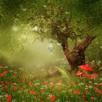 

Laeacco Dreamy Green Forest Tree Grass Bulb Floret Polka Dots Photography Backgrounds Photographic Backdrops For Photo Studio