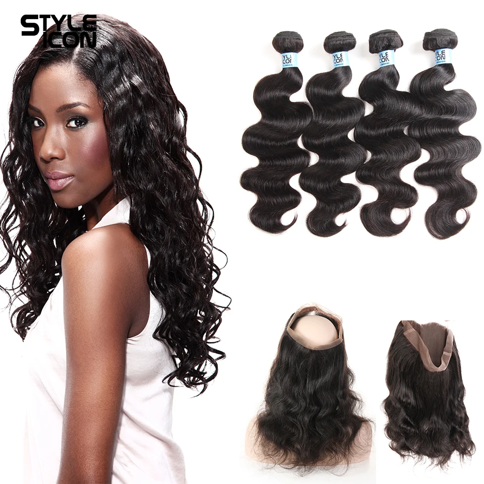Styleicon Humain Hair 4Bundles With 360 Lace Frontal Closure Malaysian