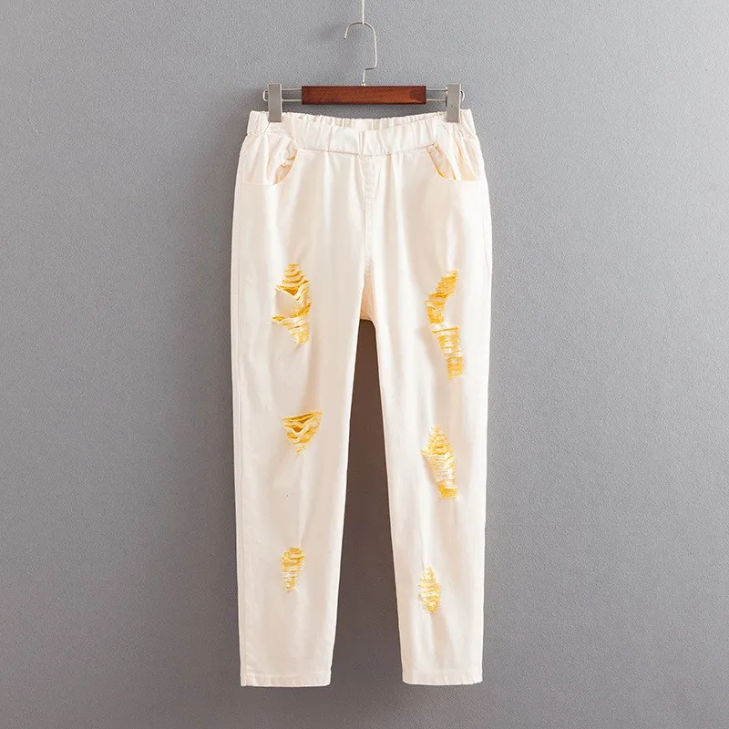 

Women Colorful Hole Jeans Plus Size 3 4 5 6 XL Casual Stretched Pencil Pants Slim Denim Jeans Trousers