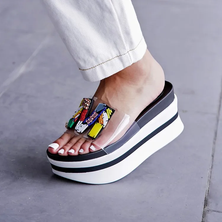 

2019 Summer Hot Selling New Wedge Slippers EVA Platform Slides Embellished PVC Transparent Clear Beach Shoes Women
