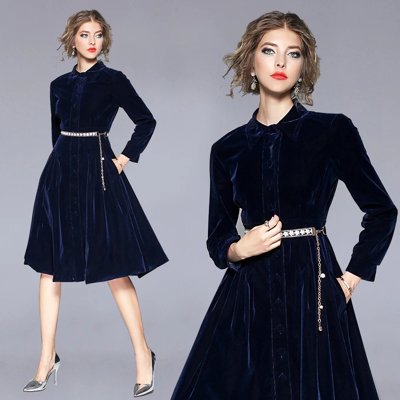 Preise OL Revers Dicken Samt Blau Büro Kleid Elegante Frauen Langarm Winter Kleider Moda Mujer 2020 Midi Party Kleid Jurken k8861