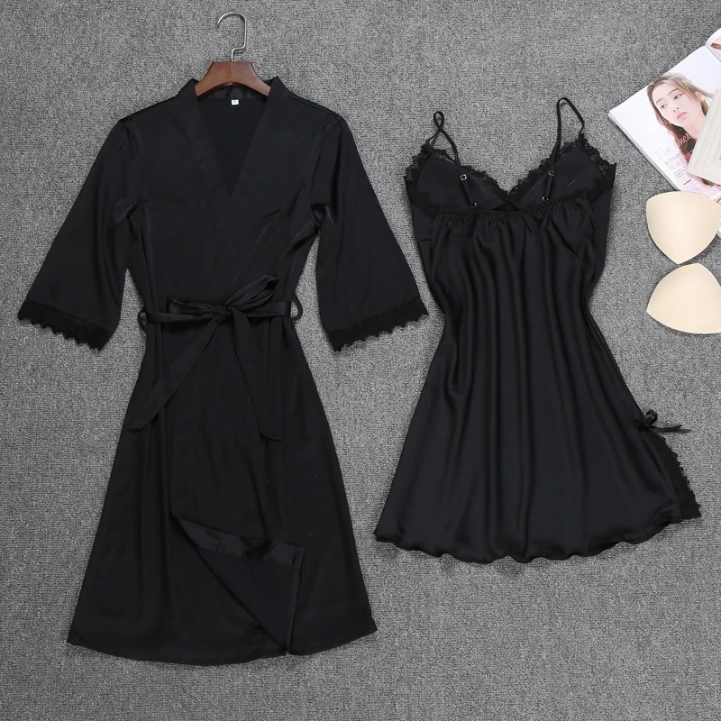 New Women Silk Robe Sexy Lace Nightgown Robe Set for Female 2 Piece Satin Sleepwear Women Plus Size Women Robe Set Nightwear 49