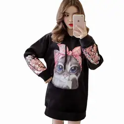 2019 Новинка весны бисером кошка мультфильм печати блёстки худи BTS для женщин золото бархат свободные свитер с капюшоном для женщи