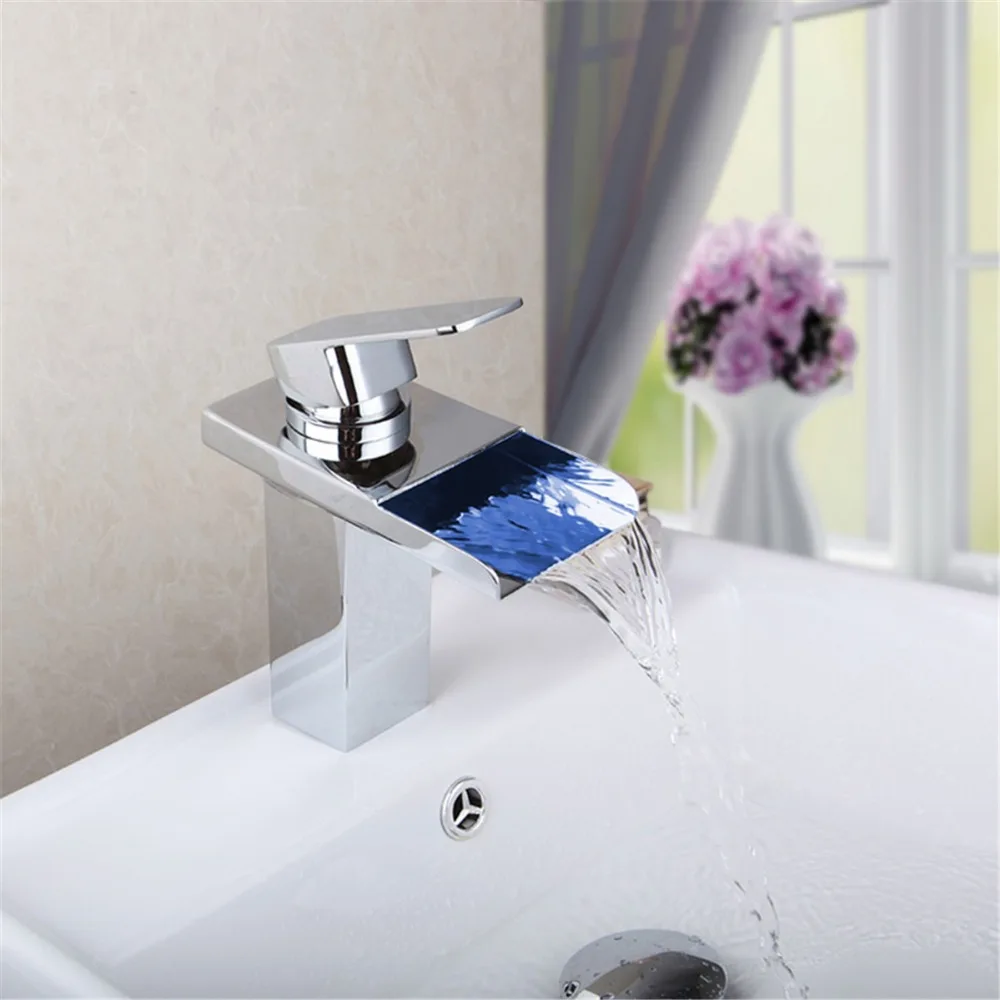 

LED Special Design Basin Faucet Chrome Polished Deck Mounted Single Handle Single Hole Hot Cold Waterfall Eminent Basin Faucet