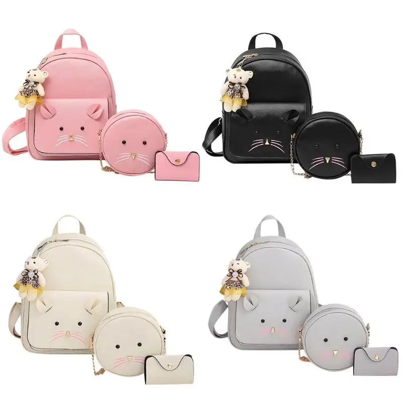 

3Pcs/set School Bags Back Packs Bag Cartoon Mouse PU Leather Backpacks Set Women's Backpacks Teenage Girls Stylish with Bear