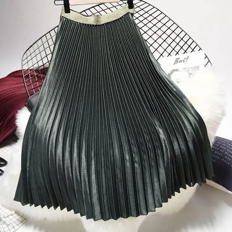 Женская плиссированная юбка миди металлического цвета в японском стиле, женская уличная велюровая шикарная юбка с высокой талией, Saias, весна, SK279 - Цвет: army green