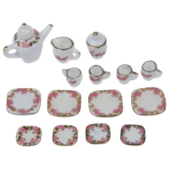

MACH Set of 15pcs 1/12 Dollhouse Miniature Dining Ware Porcelain Tea Set Pot+Dish+Cup+Saucer