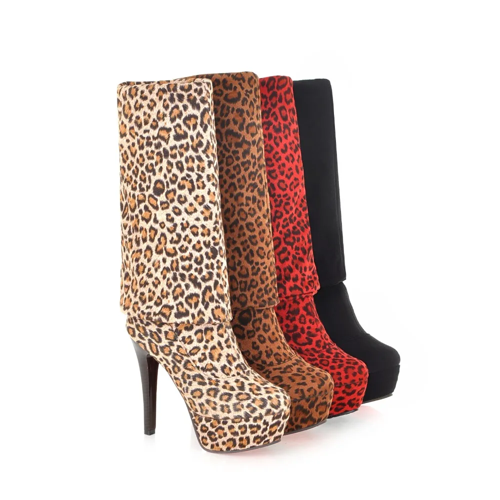 Г. Новые весенне-осенние пикантные Модные леопардовые сапоги выше колена на платформе и высоком тонком каблуке с круглым носком, большие размеры 34-43, SXQ0922