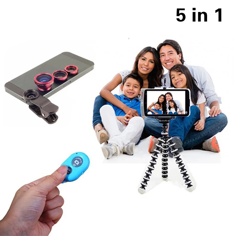Universal 5in1 Phone Camera Kit 3in1 Lenses Fisheye Lens Wide Angle Macro Lentes Tripod Shutter For 1