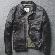 Осенние мужские толстые куртки из натуральной воловьей кожи короткие тонкие повседневные Черные ВИНТАЖНЫЕ пальто мужские с отложным воротником потертые деловые