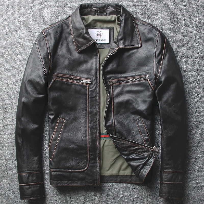 

Autumn Mens Thick Cowhide Genuine Leather Jackets Short Slim Casual Black Vintage Overcoat Mens Turn Down Collar Frayed Business