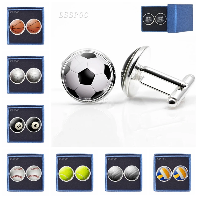 #*Cheap Men Cufflinks Football Basketball Baseball Volleyball Picture Glass Cabochon Silver Plated Cufflinks Box Packaged Dropshipping