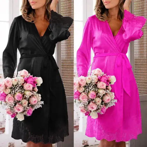 

Summer New Sexy Women Silk Satin Deep V Bathrobe Pajamas Robe Lingerie Lace Sleepwear Nightwear Lace up Robes