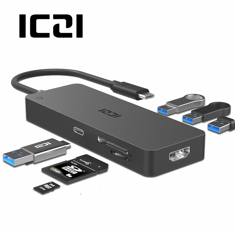 ICZI 7 في 1 USB C محور نوع C إلى 4 K HDMI ميناء 3 USB ميناء SD مايكرو قارئ البطاقات SD PD محول لأجهزة الكمبيوتر المحمول ماك بوك برو 2018