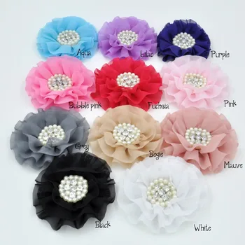 

40pcs/lot Trail Order Beaded Chiffon Flower Pearl Rhinestone Chiffon Flowers Ruffled Chiffon Flower Flat Back
