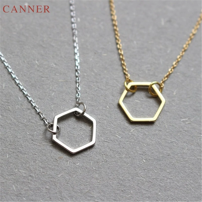 Metal Geometric Hexagonal Pendant Necklace Women Simple Alloy Short Chain Collar Necklaces Gold Silver Jewelry bijoux femme C4