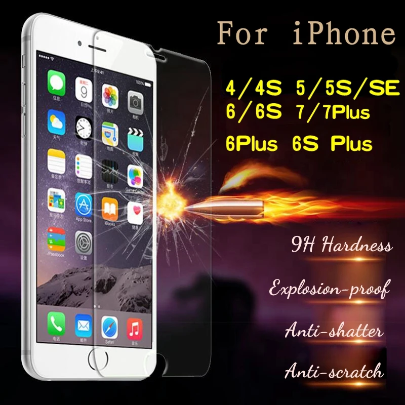 

100% 9H 0.26mm High Quality Tempered Glass For iPhone 8 Plus X 4 4S 5 5C SE 5S 6 6S 7 Plus Case Screen Protector Film Case