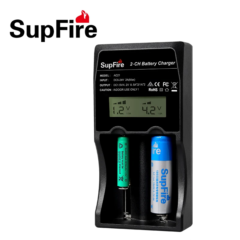 

Supfire AC21 Digital Intelligent 2 Slots Charger Compatible Li-ion NiCd NiMh Battery EU US Adapter for 26650/18650/14500 Battery