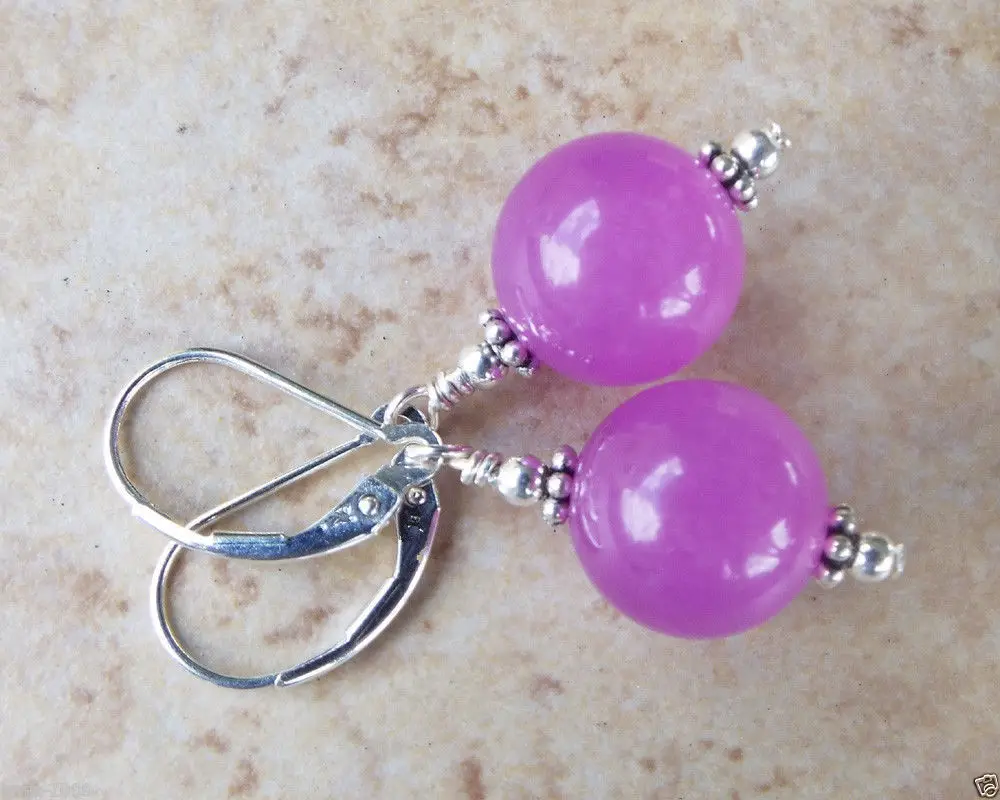 

hot sell new - Free shipping Handmade 12mm Fuchsia Jade Round Beads Silver Leverback Dangle Earrings