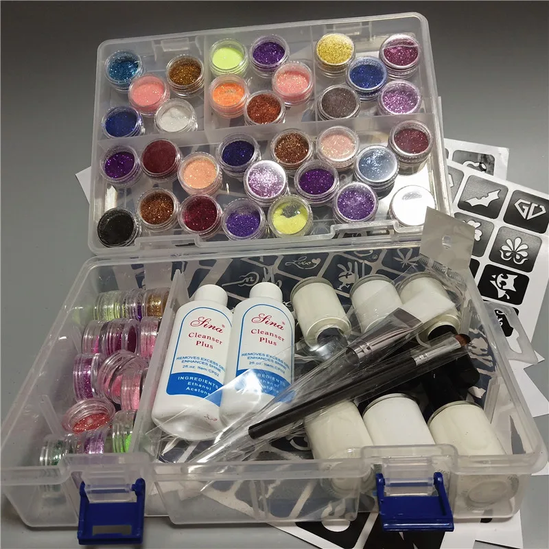45 Colors Waterproof Glitter 5 Template Stencil 2 Brushes 6 Glues Painting Kit for Temporary Tattoo Kids Face Body Diy Nail ART