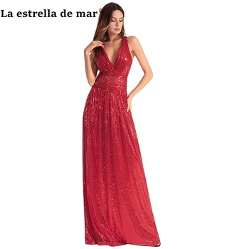 

Red sequin bridesmaid dress long sexy V neck A Line vestidos boda invitada mujer sukienka dla druhny abiti da cerimonia da sera