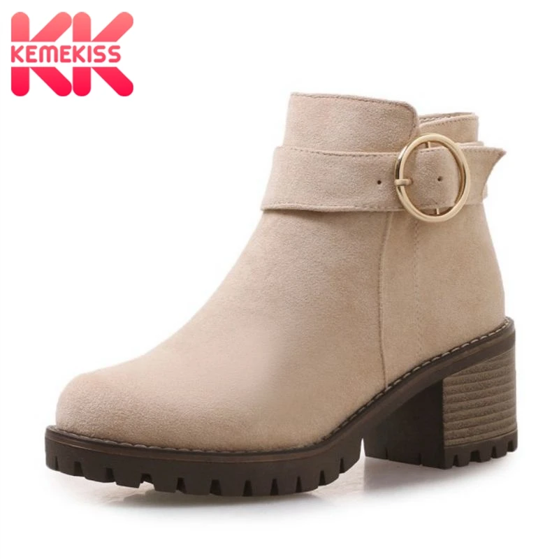 

KemeKiss Size 34-43 Women Ankle Boots Winter Platform Shoes Woman Warm Fur Boots High Heels Ladies Buckle Student Footwear