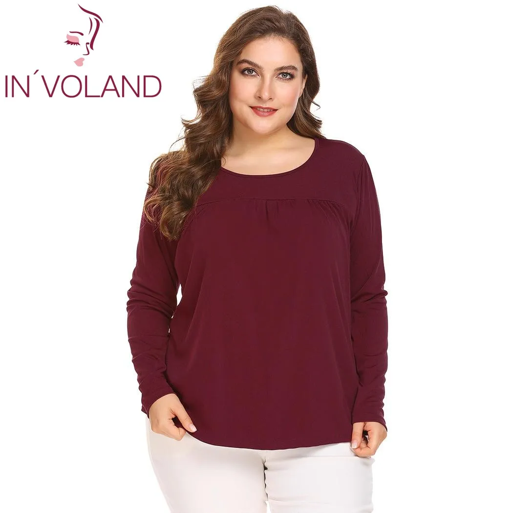 IN'VOLAND, размер d, XL-5XL, Женские базовые футболки, топы, круглый вырез, длинный рукав, с рюшами спереди, большие, свободные, Pullober, футболка размера плюс
