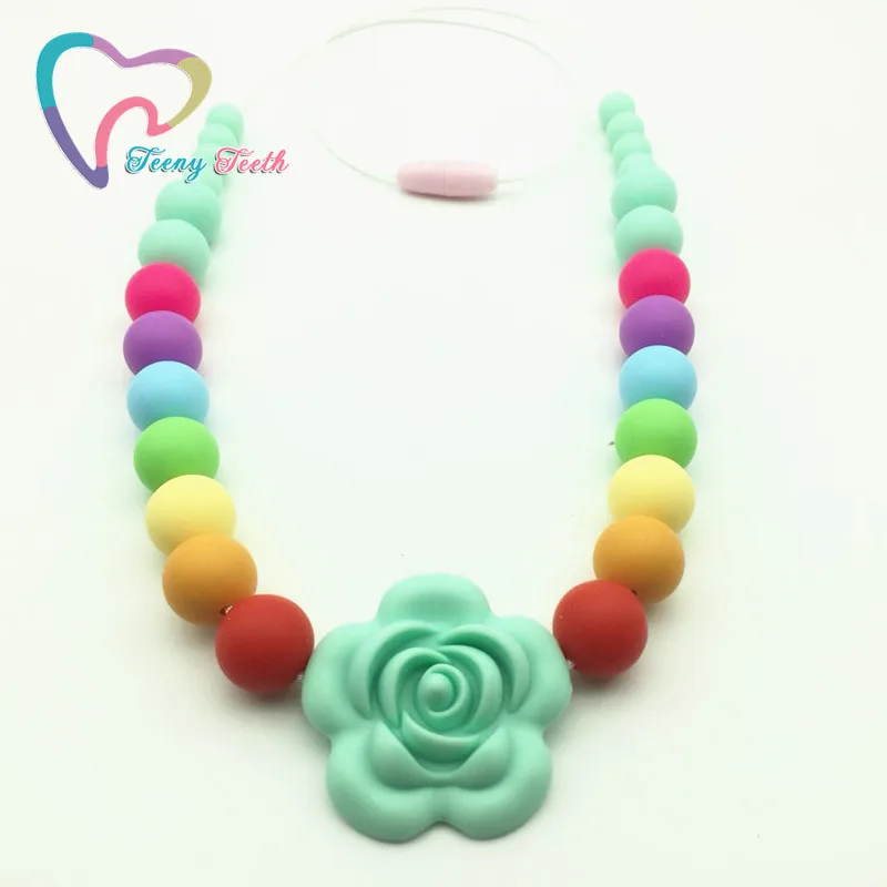 

Teeny Teeth 1 pc Fashion Jewelry Silicone Necklace Rainbow flower rose Beads For Jewelry Silicone Teething Necklace