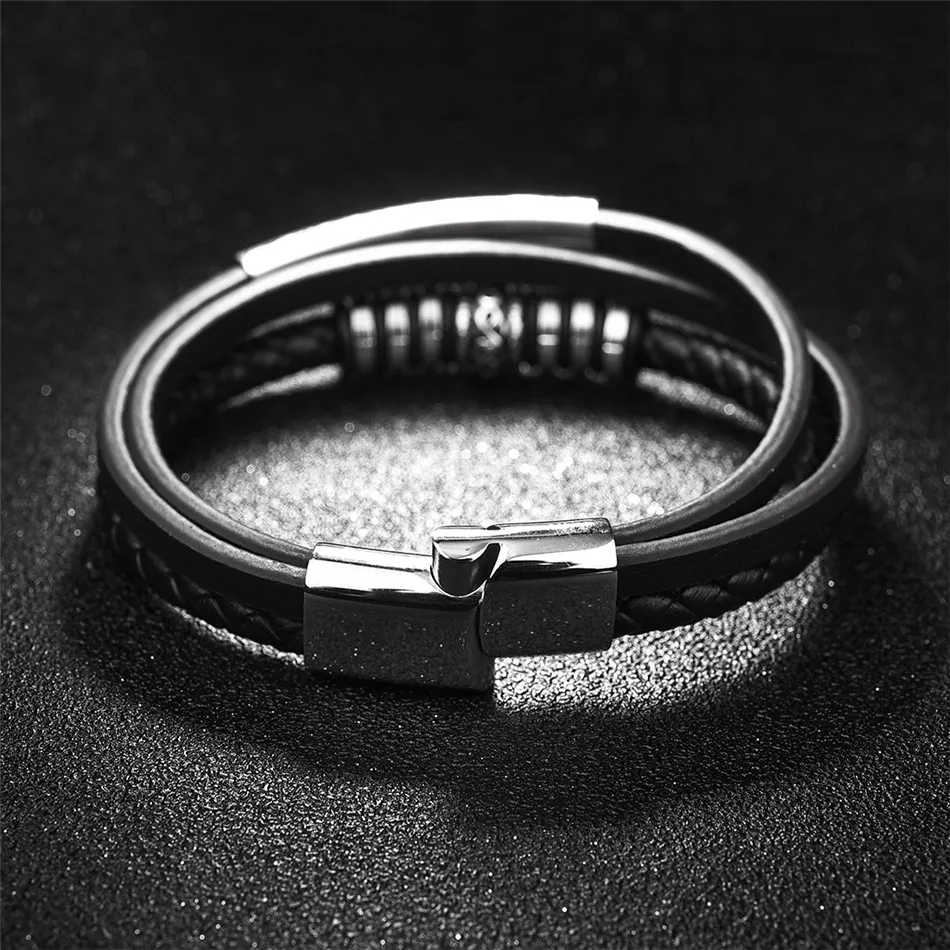 Jiayiqi Fashion Leather Bracelet for Men Black Braid Multilayer Rope Chain Stainless Steel Magnetic Clasp Male Jewelry Gifts