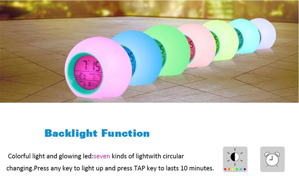 Цифровой термометр с будильником, Ночной светильник, светящийся шар, 7 цветов, светодиодный Ночной светильник, светильник для спальни, офисных часов для детей