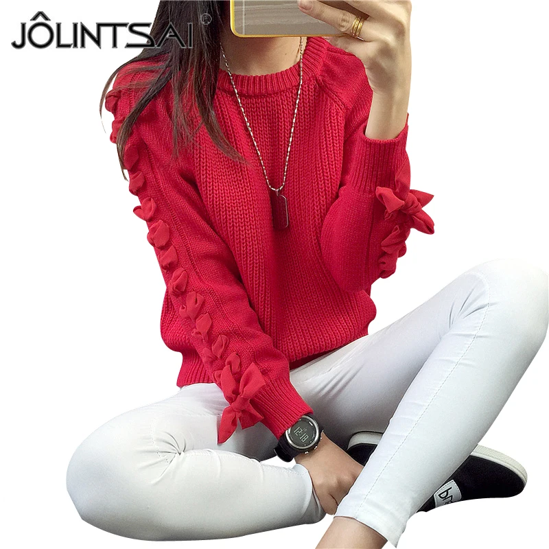JOLINTSAIแข็งถักเสื้อกันหนาวผู้หญิงดึงO-คอแขนยาวด้วยลูกไม้ขึ้นโบว์ผูกเสื้อสวมหัว2017ฤดูใบไม้ร่ว...