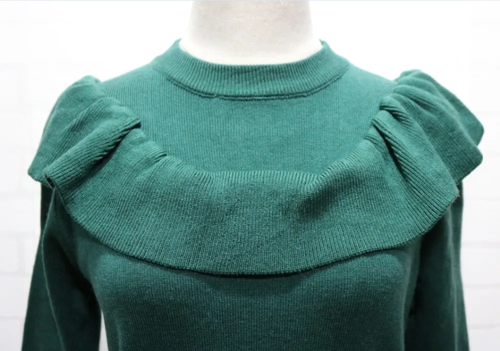 Модные женские вязаные топы с оборками, свитера, Женские однотонные пуловеры с расклешенными рукавами, пуловеры с оборками, джемперы цвета хаки, зеленый, 6 цветов