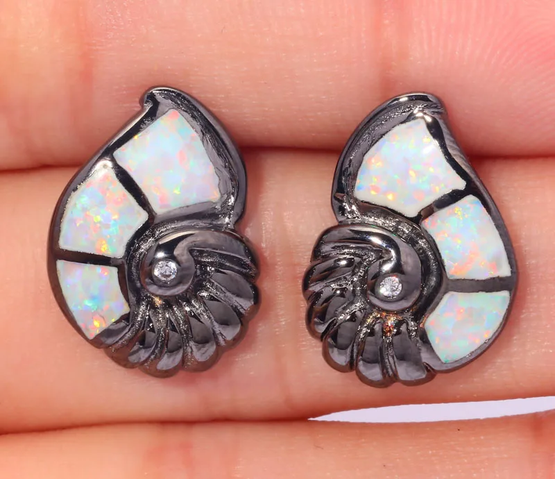 

CiNily Created White Fire Opal Cubic Zirconia Black Gold Color Wholesale Shell for Women Jewelry Stud Earrings 3/4" OH3702