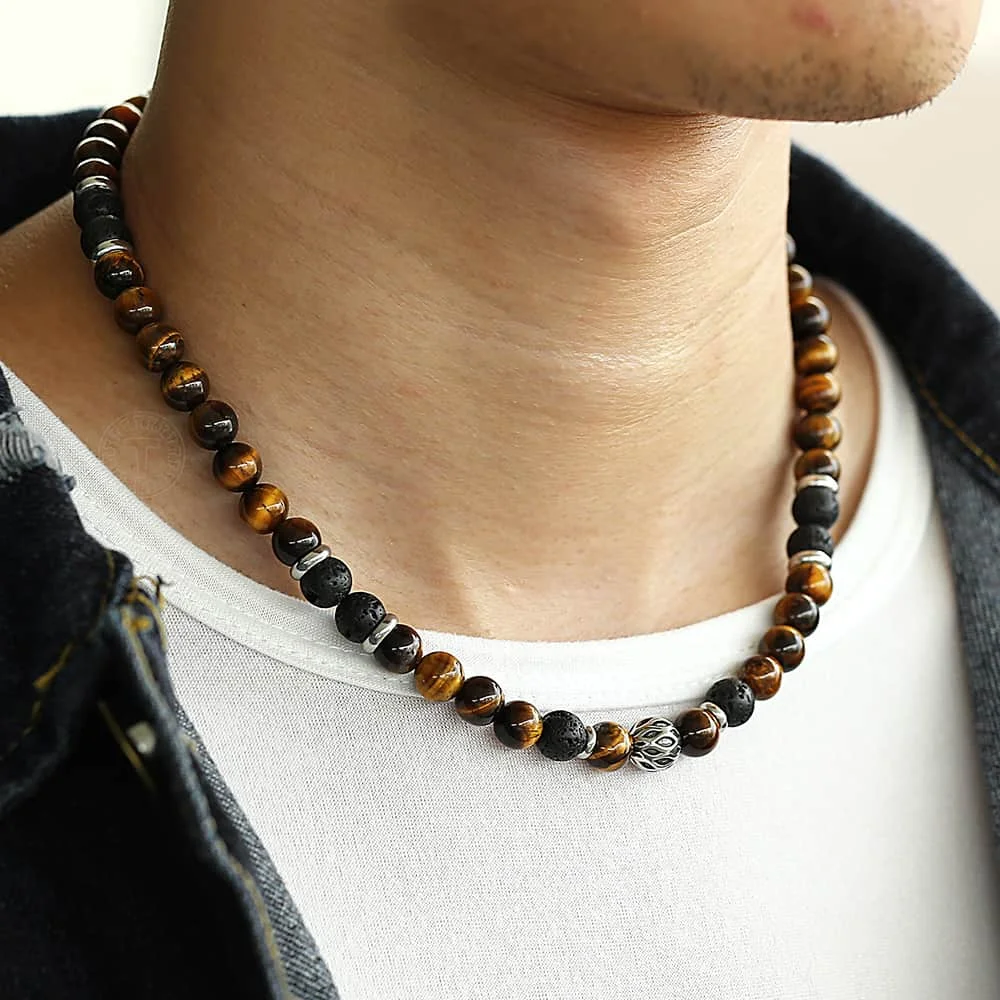 8mm Men's Unique Natural Tiger Eyes Stone Lava Bead Necklace Stainless Steel Bead Charm Link Chain Male Jewelry Gift TNB002