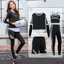 Йога комплект Для женщин спортивный костюм Фитнес бега спортивная одежда Штаны Йога рубашка спортивный бюстгальтер Шорты для женщин с длинным рукавом 5 шт. комбинезон