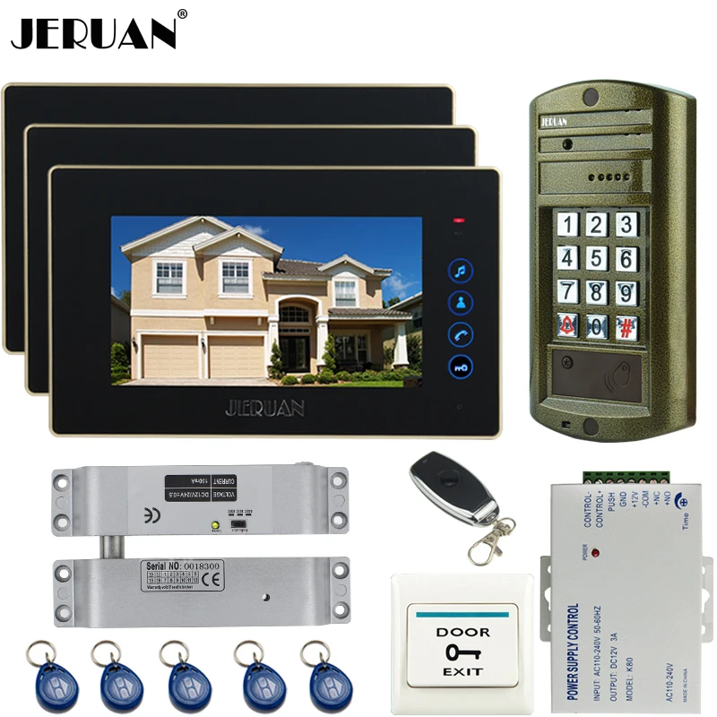 

JERUAN 7 inch TOUCH KEY Video Door Phone Doorbell Intercom system kit 2 Monitor +NEW Metal waterproof Access HD Mini Camera 1V2