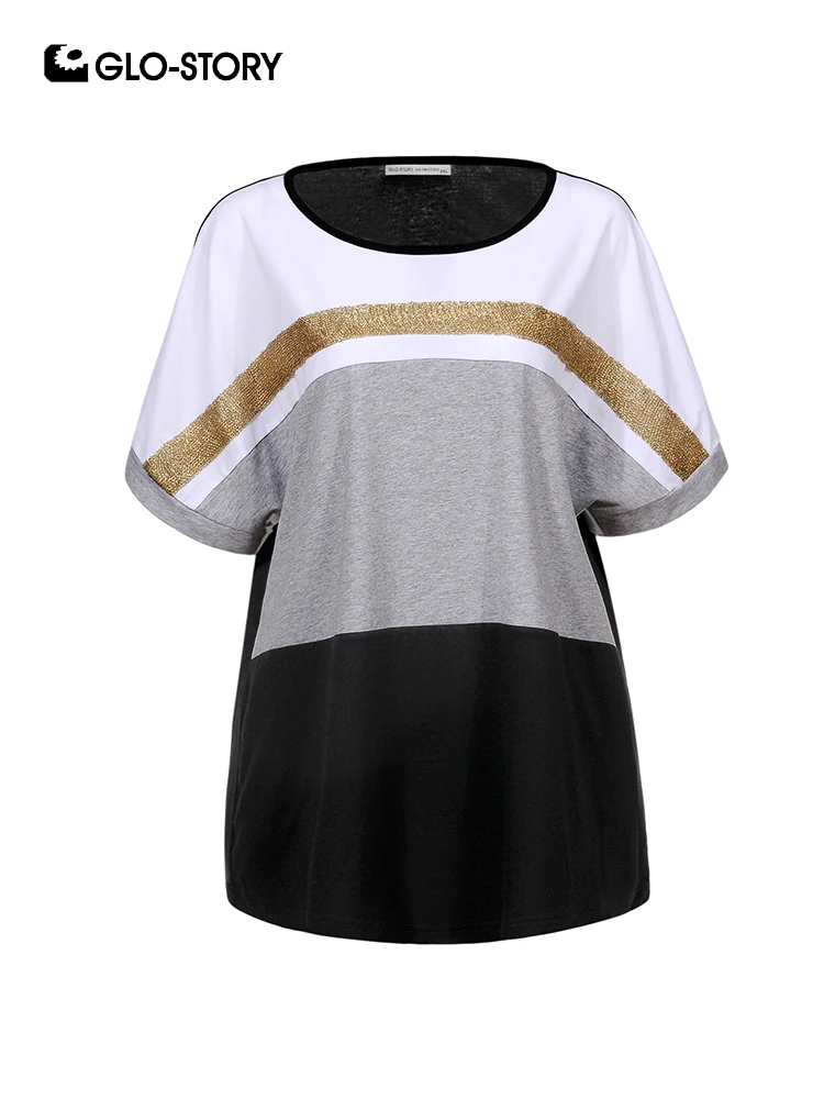 

GLO-STORY Women Summer 2019 Fashion Striped Sequined O-Neck Large Size T-Shirts Female Causal Tops Plus Size WPO-8232