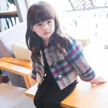 Горячая Весна-осень девочек короткая шерстяная куртка Корейская стеганая решетки верхняя одежда милые носки с буквенным принтом для малышей, верхняя одежда для детей куртка для X234