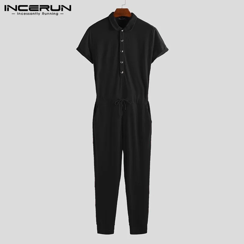 Black INCERUN, мужской комбинезон, Одноцветный, короткий рукав, облегающие штаны, для тренировок, хип-хоп, спортивный костюм, Комбинезоны для мужчин,, уличная одежда, S-5XL - Цвет: Black